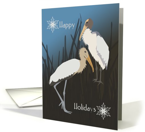 Wood Storks, Happy Holidays, Brown and Blue, Snowflakes card (1001669)