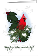 Winter Anniversary, Cardinal, Pine, Holly Leaves Swirls, Red and Green card