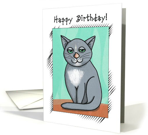 Happy Birthday Smiling Gray Cat Modern Folk Art card (1019661)