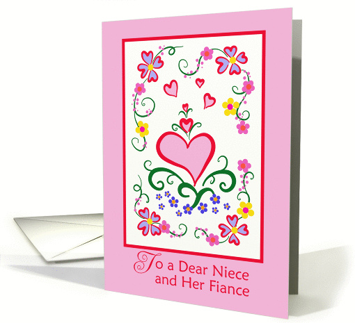 Niece and Fiance Valentine's Day, Pink Heart, Flowers and Swirls card