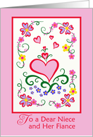 Niece and Fiance Valentine’s Day, Pink Heart, Flowers and Swirls card