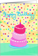 Happy Birthday! Whimsical Painted Cake, One Candle, Colorful Confetti card