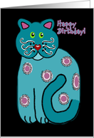 Happy Birthday! Whimsical, Contemporary Folk Art Cat, Turquoise card