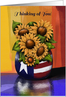 Thinking of You! Sunflowers in Patriotic Vase, Floral Reflection card