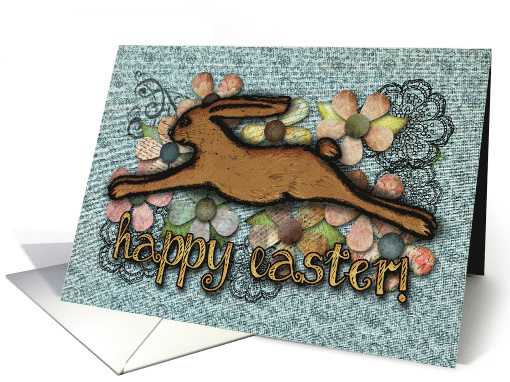 Happy Easter! Leaping Rabbit, Hand Drawn Flowers, Paper... (1055661)