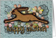 Happy Easter! Leaping Rabbit, Hand Drawn Flowers, Paper Look Flowers card