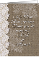 Best Friend, Maid of Honor, Lace and Burlap, Wedding Thank You card