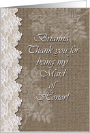 Brianna, Maid of Honor, Lace and Burlap, Wedding Attendant Thank You card