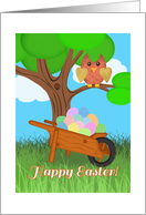 Happy Easter! Owl in Tree, Decorated Easter Eggs in Wheelbarrow card