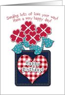 Happy Birthday! Seersucker Fabric Look Heart Flowers, Gingham Checks card