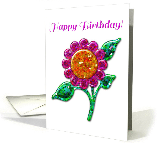 Happy Birthday! Glossy Glitter Look Pink Flower, Floral Art card