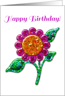 Happy Birthday! Glossy Glitter Look Pink Flower, Floral Art Card