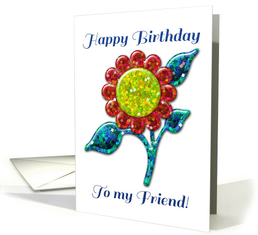 Happy Birthday Friend! Glossy Glitter Look Red Flower, Floral Art card