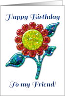 Happy Birthday Friend! Glossy Glitter Look Red Flower, Floral Art card