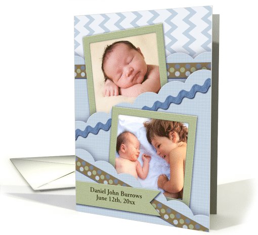 Baby Announcement, Blue Chevron, Ric Rac and Ribbons, Photo card