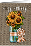 Happy Birthday! Sunflowers In A Jar, Burlap Look, Gingham Check Ribbon card