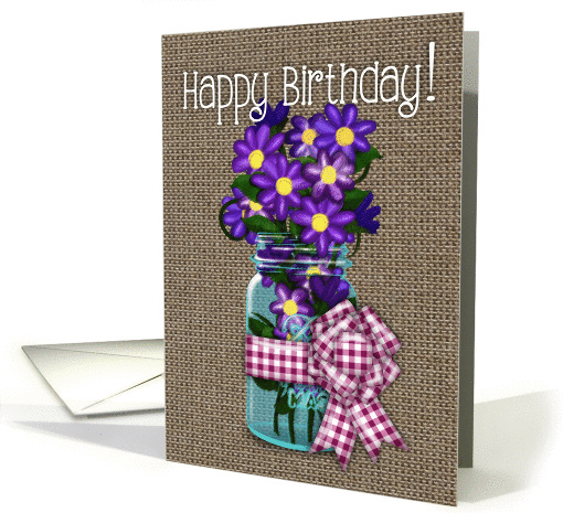 Happy Birthday! Purple Flowers In A Jar, Burlap Look,... (1122096)