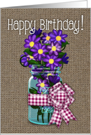 Happy Birthday! Purple Flowers In A Jar, Burlap Look, Gingham Ribbon card