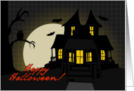 Spooky Mansion Happy Halloween! Eerie Tree, Black Owl, Bats, Full Moon card