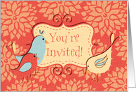 You’re Invited! Linen Look Party Invitation, Red and Pale Yellow Birds card