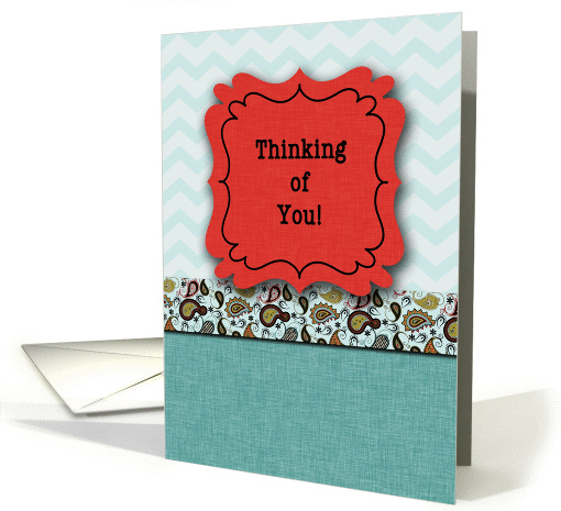 Thinking of You! Red, Aqua Chevron Stripes, Linen Cloth... (1180014)
