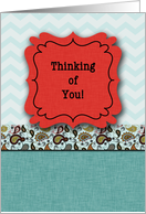 Thinking of You! Red, Aqua Chevron Stripes, Linen Cloth Texture Look card