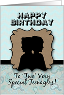 Happy Birthday Twin Silhouettes, Boy and Girl Teenagers, Aqua Chevron card