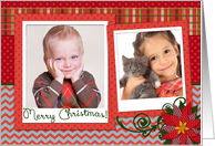 Merry Christmas! Red Chevron, Plaid, Dotted Poinsettia Flower Swirl card