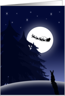 Santa and His Sleigh, Reindeer, Starry Night Sky, Bunny card