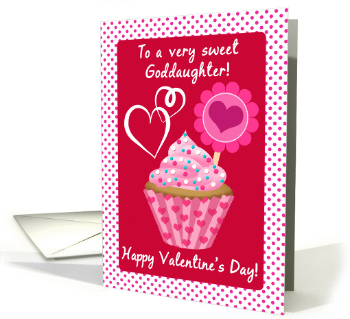 Happy Valentine's Day Goddaughter! Pink Cupcake With Sprinkles card