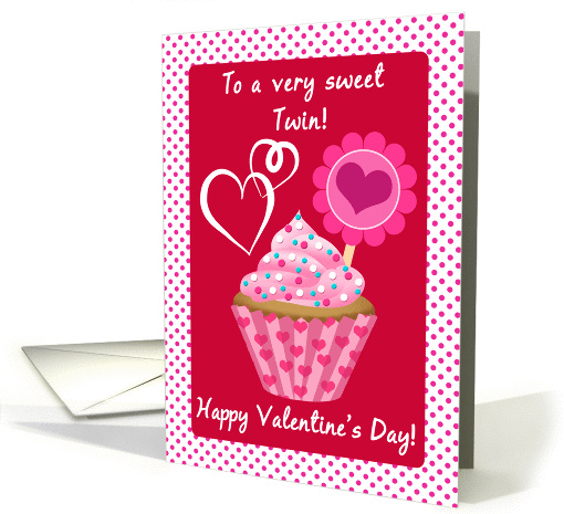 Happy Valentine's Day Twin! Pink Cupcake With Sprinkles card (1201304)