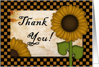 Thank You! Prim Sunflower, Primitive Gold & Black Checkerboard Pattern card