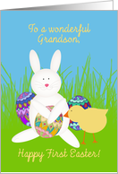 For Grandson, Happy First Easter! Bunny, Chick and Easter Eggs card