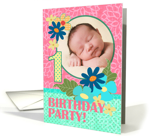 Birthday Party Invitation, One Year, Aqua Flowers, Birthday Photo card