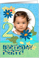 Birthday Party Invitation, Two Years, Aqua Flower, Birthday Photo Card