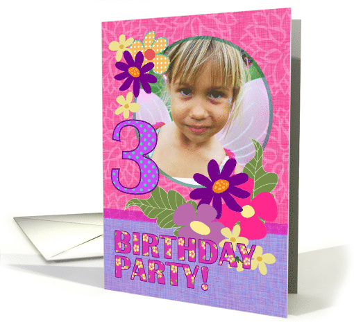 Birthday Party Invitation, Three Years Old, Pink Flowers, Photo card