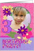Birthday Party Invitation, Three Years Old, Pink Flowers, Photo Card
