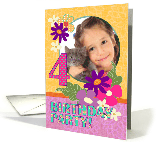 Birthday Party Invitation, Four Years Old, Pink Flowers, Photo card