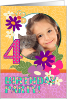 Birthday Party Invitation, Four Years Old, Pink Flowers, Photo Card