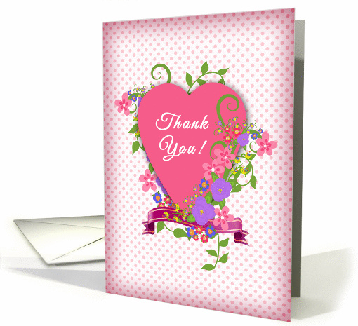 Heart Floral Thank You, Pink and Purple Flowers, Pink Polka Dots card