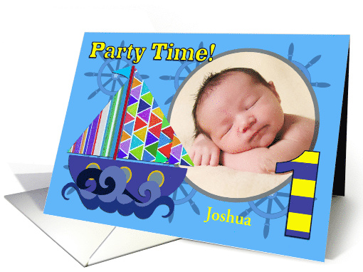 Sailboat Birthday Party Invitation, One Year Old, Blue Photo card