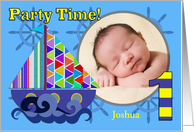 Sailboat Birthday Party Invitation, One Year Old, Blue Photo Card