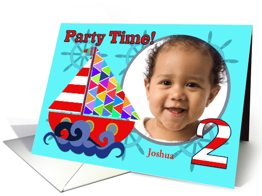 Sailboat Birthday Party Invitation, Two Year Old, Aqua Photo card
