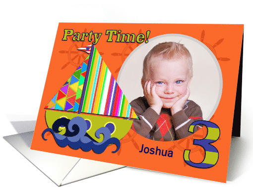 Sailboat Birthday Party Invitation, Three Years Old, Orange Photo card
