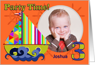 Sailboat Birthday Party Invitation, Three Years Old, Orange Photo Card