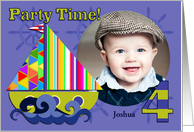 Sailboat Birthday Party Invitation, Four Years Old, Purple Photo card