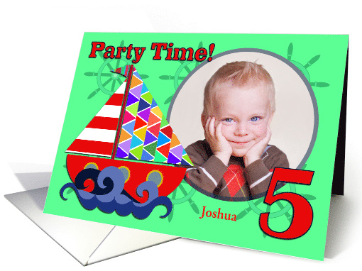 Sailboat Birthday Party Invitation, Five Years Old, Purple Photo card