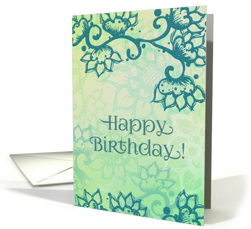 Happy Birthday! Floral Swirl Motif, Lovely Turquoise Floral Art card