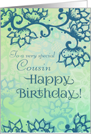 Happy Birthday Cousin! Floral Swirl Motif, Lovely Turquoise Floral Art card