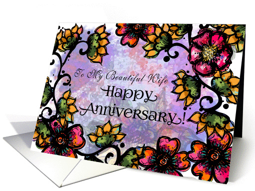 To My Beautiful Wife, Happy Anniversary! Bold Pink,Gold Flowers card